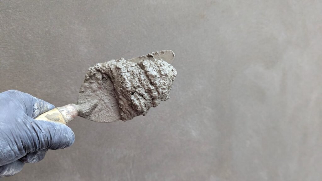 Plasterer loading a trowel with fresh plaster
